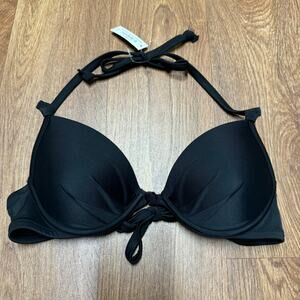 Adore Me Womens Solid Black Push Up Halter Bikini Swim Top Size 34A Bra Cup